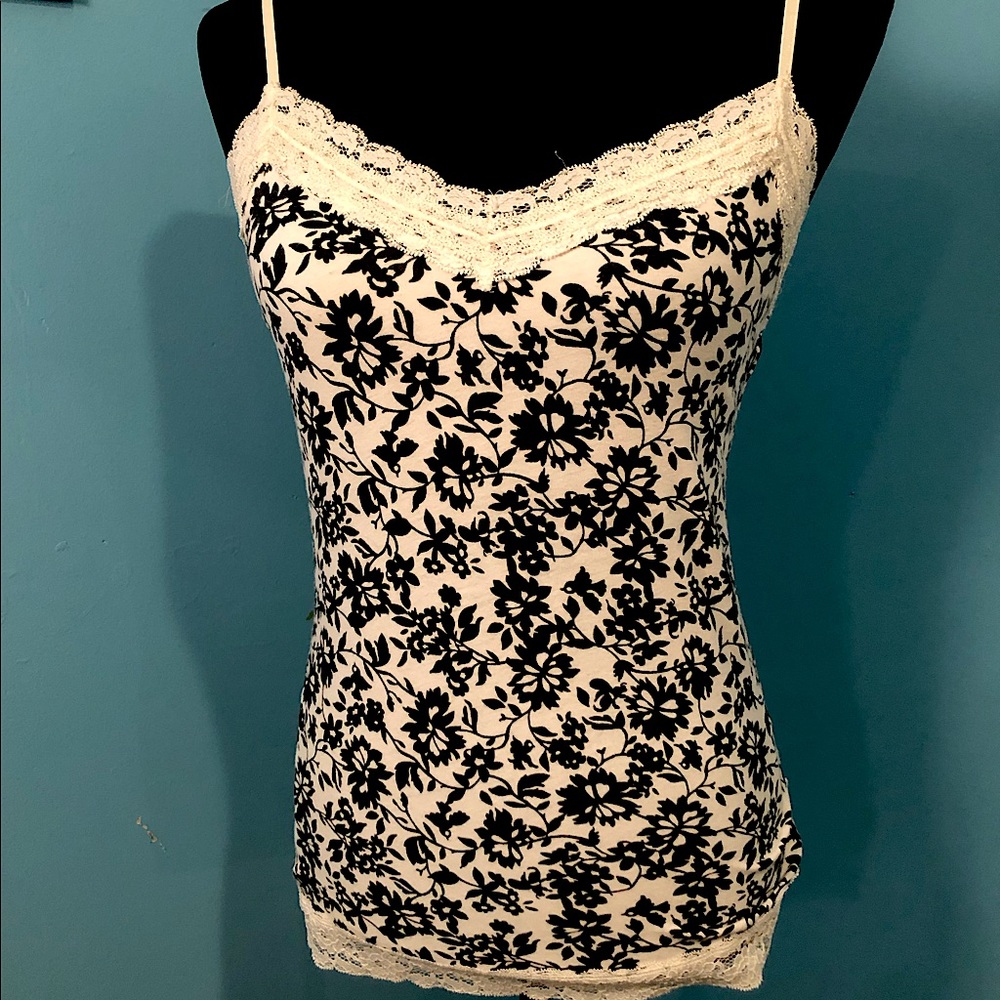 AEO Black and White Cami with Lace Trim